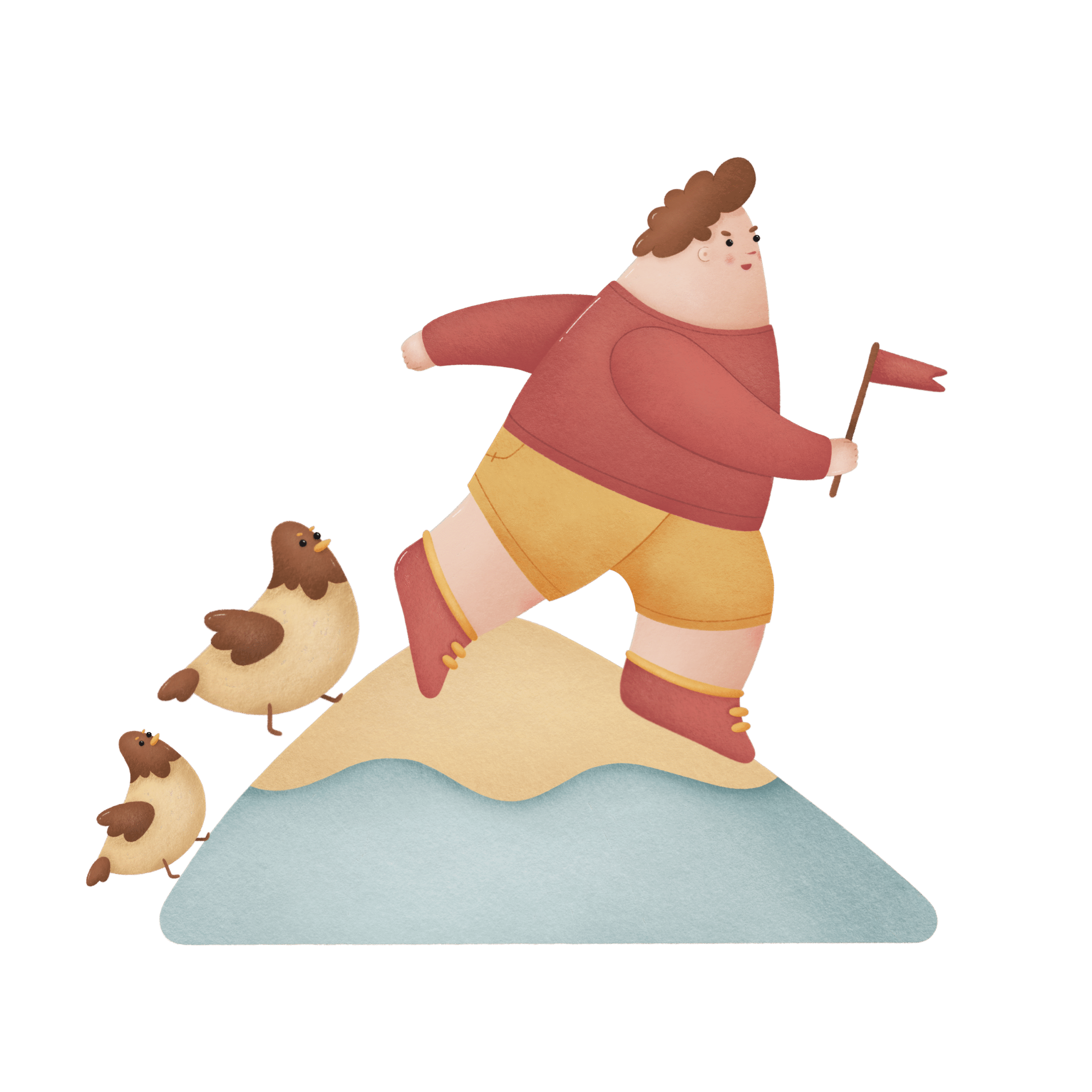 Chickens following boy leader